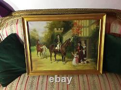 Ancienne huile sur toile, scène de promenade avec des chevaux, cadre doré