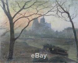 Ancienne huile sur toile signature 1904 / Notre-Dame de Paris France peniche