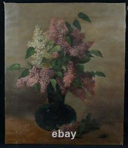 Ancienne huile sur toile signée 72 x 59 cm bouquet de lilas vase de fleurs