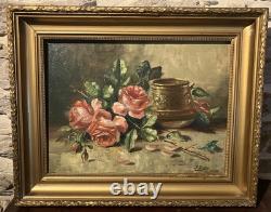 Ancienne huile sur toile signée A. Daens bouquet de roses étendu sur une table