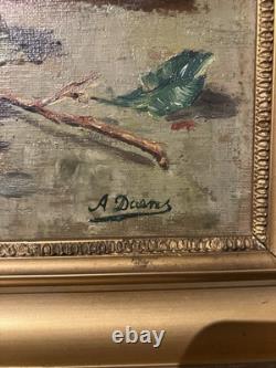 Ancienne huile sur toile signée A. Daens bouquet de roses étendu sur une table