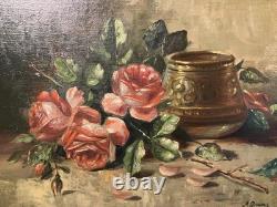 Ancienne huile sur toile signée A. Daens bouquet de roses étendu sur une table