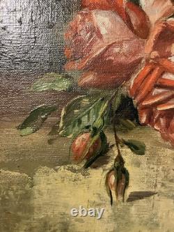 Ancienne huile sur toile signée A. Daens bouquet de roses étendu sur une table