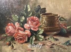 Ancienne huile sur toile signée A. Daens bouquet de roses étendu sur une table