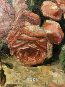 Ancienne huile sur toile signée A. Daens bouquet de roses étendu sur une table