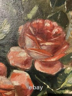 Ancienne huile sur toile signée A. Daens bouquet de roses étendu sur une table