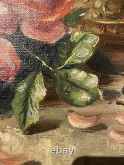 Ancienne huile sur toile signée A. Daens bouquet de roses étendu sur une table