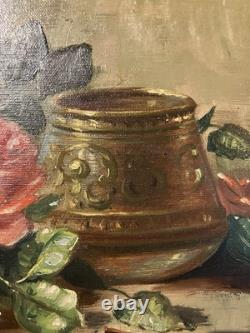 Ancienne huile sur toile signée A. Daens bouquet de roses étendu sur une table