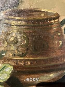 Ancienne huile sur toile signée A. Daens bouquet de roses étendu sur une table