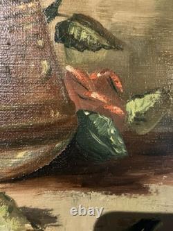 Ancienne huile sur toile signée A. Daens bouquet de roses étendu sur une table