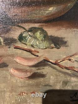 Ancienne huile sur toile signée A. Daens bouquet de roses étendu sur une table