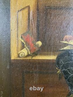 Ancienne huile sur toile signée Enfant Etudiant à Cambridge ou Oxford Harvard