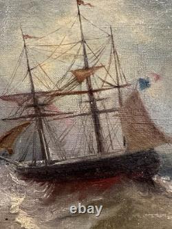 Ancienne huile sur toile signée bataille navale peintre de la marine