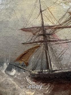 Ancienne huile sur toile signée bataille navale peintre de la marine