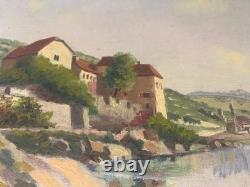 Ancienne huile sur toile signée, château de Glériolles, Lavaux, Leman, Suisse