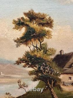 Ancienne huile sur toile signée d'un monogramme et datée paysage XIXe