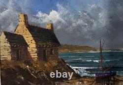 Ancienne huile sur toile signée maison en bord de mer Bretagne Finistère