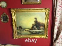 Ancienne huile sur toile signée, paysage d'hiver, cadre doré