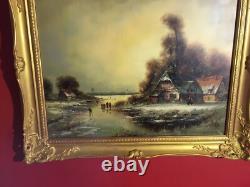 Ancienne huile sur toile signée, paysage d'hiver, cadre doré