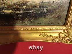 Ancienne huile sur toile signée, paysage d'hiver, cadre doré