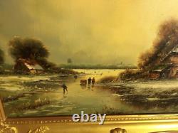 Ancienne huile sur toile signée, paysage d'hiver, cadre doré