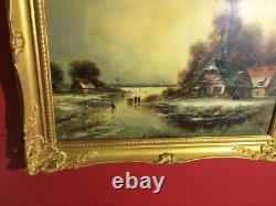 Ancienne huile sur toile signée, paysage d'hiver, cadre doré