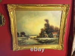 Ancienne huile sur toile signée, paysage d'hiver, cadre doré