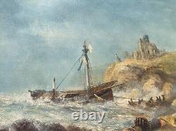 Ancienne huile sur toile signée représentant une marine animée, cadre doré