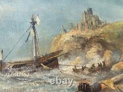 Ancienne huile sur toile signée représentant une marine animée, cadre doré