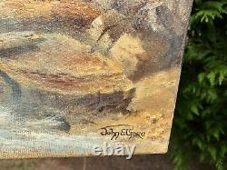 Ancienne huile sur toile signée représentant une marine animée, cadre doré