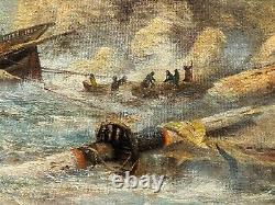 Ancienne huile sur toile signée représentant une marine animée, cadre doré