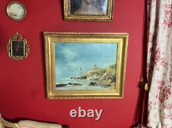 Ancienne huile sur toile signée, scène de marine animée, bateau, océan, épave