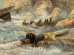 Ancienne huile sur toile signée, scène de marine animée, bateau, océan, épave
