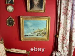 Ancienne huile sur toile signée, scène de marine animée, bateau, océan, épave