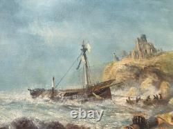 Ancienne huile sur toile signée, scène de marine animée, bateau, océan, épave
