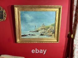 Ancienne huile sur toile signée, scène de marine animée, bateau, océan, épave