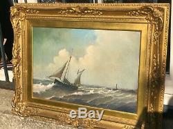 Ancienne huile sur toile xix ème Marine bateaux dans son cadre doré