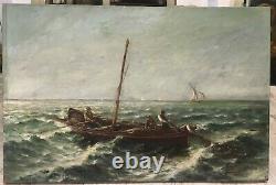 Ancienne marine / Huile 54 x 81 cm Paysage pêche Pêcheurs en mer océan bateaux