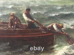Ancienne marine / Huile 54 x 81 cm Paysage pêche Pêcheurs en mer océan bateaux