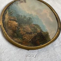 Ancienne miniature ovale XIXe huile sur carton paysage tableau montagne