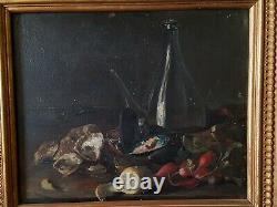 Ancienne nature morte aux huîtres, huile sur toile 59x50 cm S71