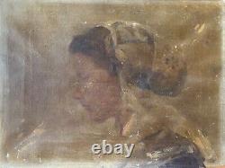 Ancienne peinture XIXe huile sur toile portrait d'une jeune femme de profil