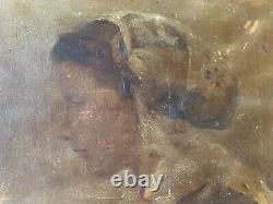 Ancienne peinture XIXe huile sur toile portrait d'une jeune femme de profil