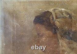 Ancienne peinture XIXe huile sur toile portrait d'une jeune femme de profil