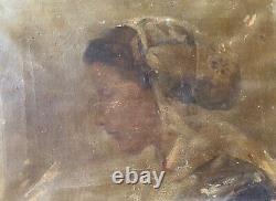 Ancienne peinture XIXe huile sur toile portrait d'une jeune femme de profil