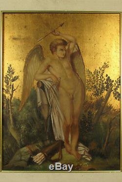 Ancienne peinture à huile et feuille d'or, Ange sur panneau / Scène religieuse