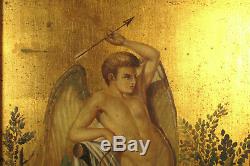 Ancienne peinture à huile et feuille d'or, Ange sur panneau / Scène religieuse