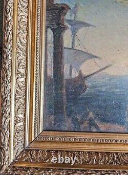 Ancienne peinture à l huile XIX tableau scène animée cadre doré marine