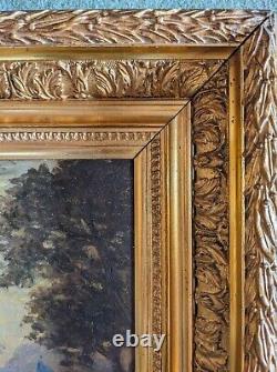 Ancienne peinture à l huile XIX tableau scène animée cadre doré marine