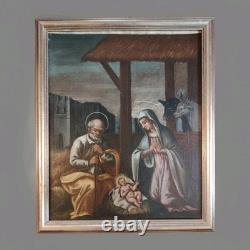 Ancienne peinture à l'huile sur toile Nativité XVII/XVIIIe siècles #D7#